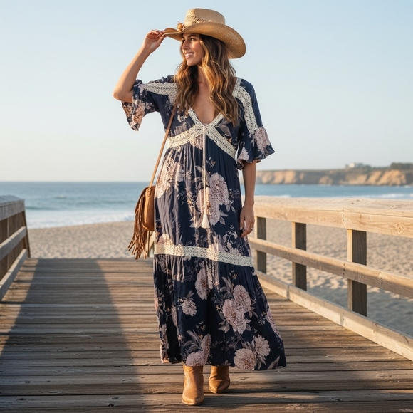 Umgee Dresses & Skirts - Umgee Blue Floral Tiered Maxi Dress with White Lace Trim